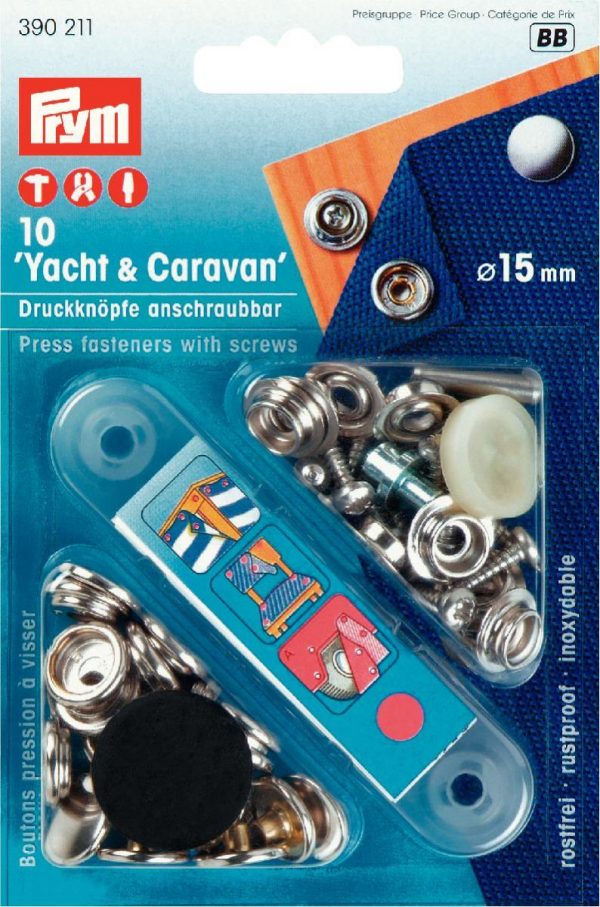 Set capse metalice ‘YACHT & CARAVAN’, 15 mm, finisaj argintiu