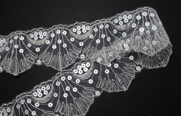 Bandă tulle cu paiete, cream, 55 mm