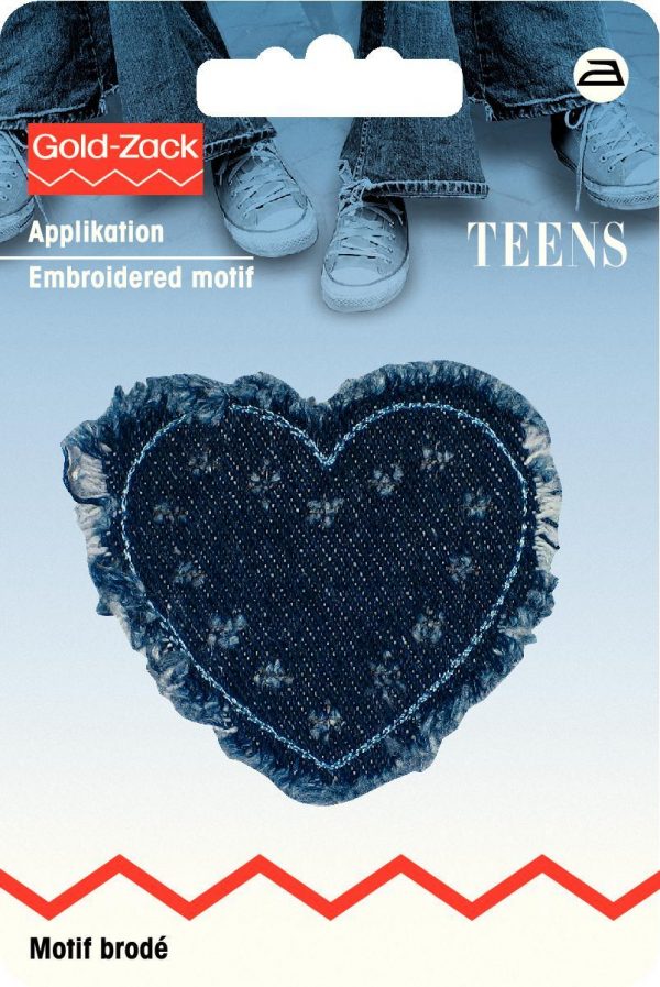 Petic termoadeziv jeans inima cu flori si franjuri