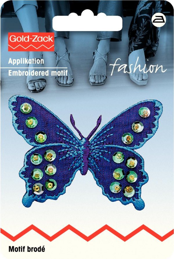 Aplicatie termic brodata fluture, mov/albastru cu paiete