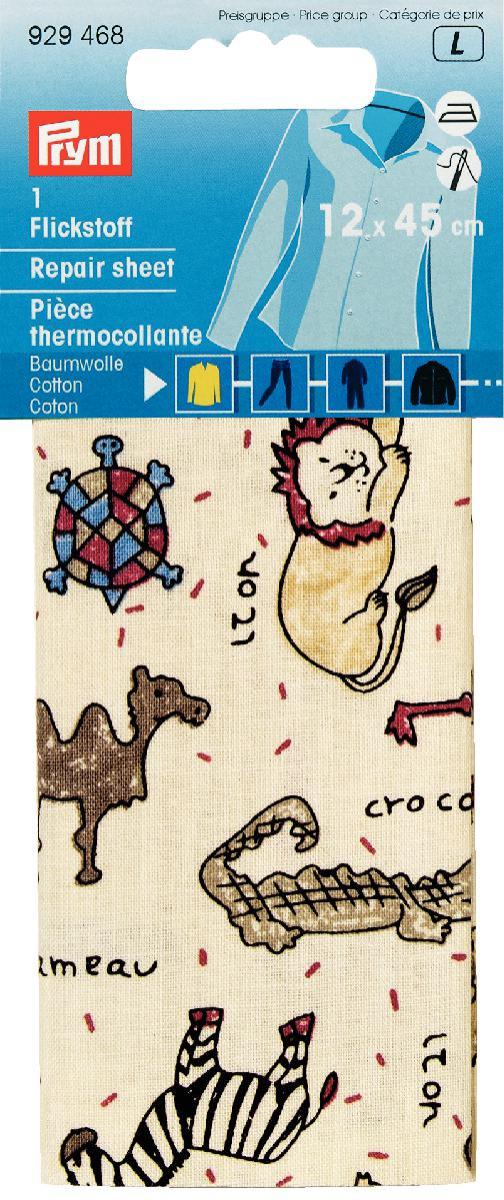 Material bumbac reparatii, calcare sau coasere, bej/multicolora, cu animal, 12 x 45 cm
