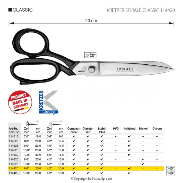 Foarfeca de croitorie pentrumana stânga, pentru țesături dificile, grele, lungime 8 "/ 20 cm, lustruită