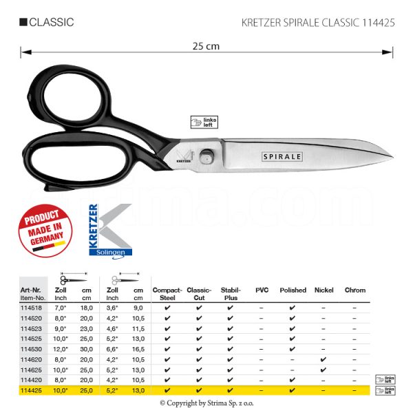 Foarfeca de croitorie pentru mana stânga, pentru țesături dificile, grele, lungime 10 "/ 25 cm, lustruită