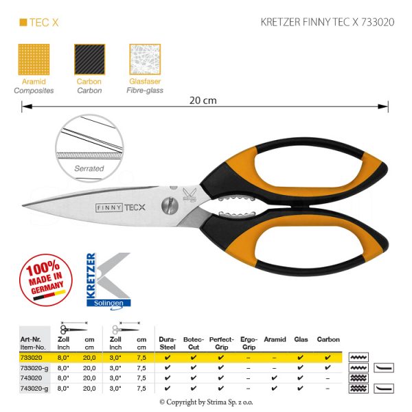 Foarfeca pentru tesaturi dificile, lungime de 8 "/ 20 cm, lama cu o singur fata, micro-zimtata