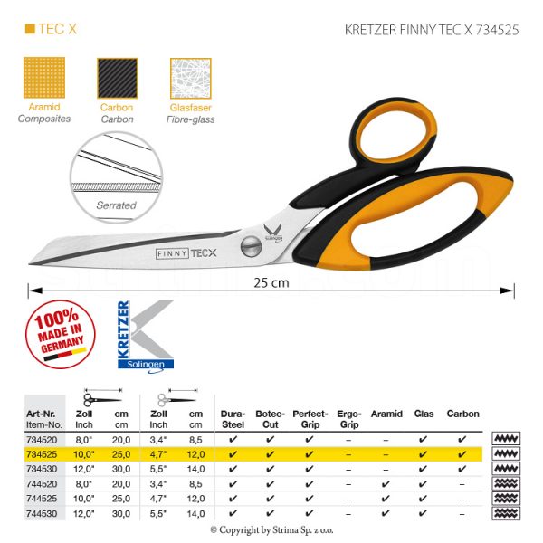 Foarfece pentru țesături dificile, lungime 10 "/ 25 cm, lamă cu o singură față micro-zimtata