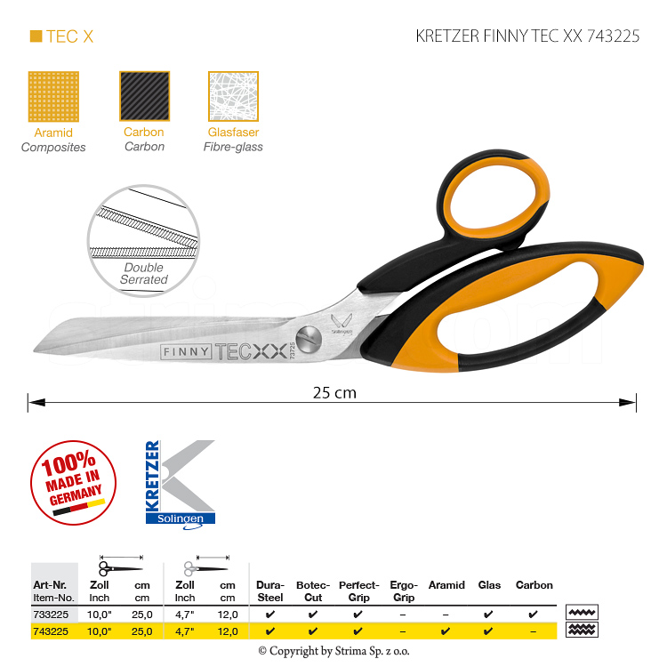 Foarfece pentru țesături dificile, lungime 10 "/ 25 cm, lame cu două fețe micro-zimtate