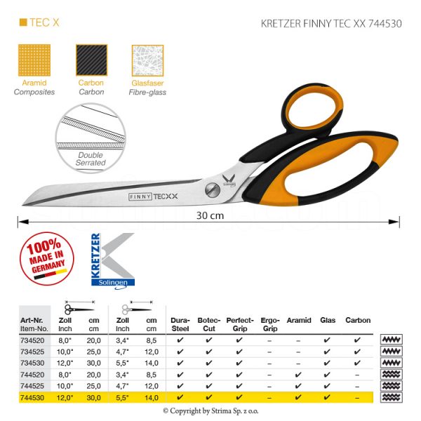 Foarfece pentru țesături dificile, lungime 12 "/ 30 cm, lame cu două fețe micro-serate