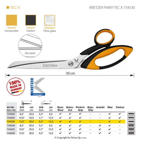 Foarfece pentru țesături dificile, lungime 12 "/ 30 cm, lamă micro-serrată pe o parte