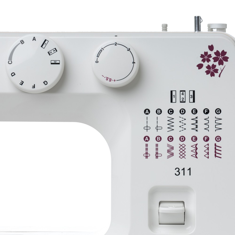 Masina de cusut electromecanica JANOME 311, 14 Programe, 860 Imp/Min, 60W, Alb/Mov
