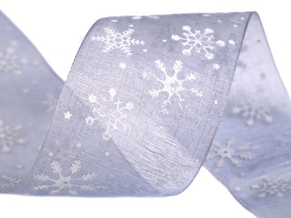 Panglică decorativă organza, motiv fulgi de nea, lățime 40 mm ST420917