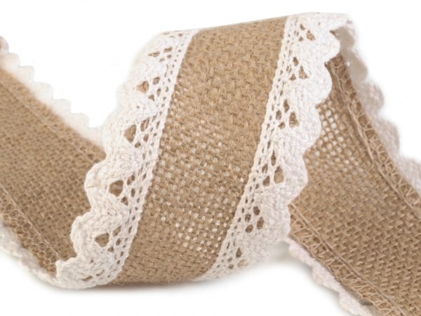 Panglică din iută cu dantelă de bumbac, lățime 54 mm ST430256
