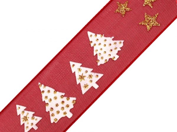 Panglică decorativă organza, motiv brăduți, lățime 27 mm ST420966